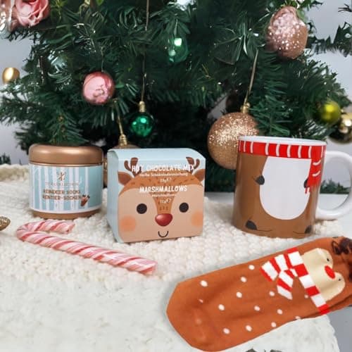 Hot Chocolate Gift Set With Reindeer Mug - Sachets, Mini Marshmallows, Candy Canes and Socks Included