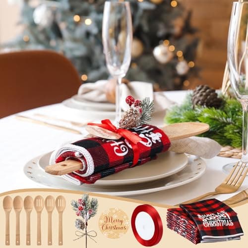 Pinkunn 8 Set Christmas Kitchen Gifts Bulk Xmas Dish Towels and Wooden Spoons Pine Picks Thank You Tag Ribbon Holiday Cooking Utensils Housewarming Gifts for Neighbor Employee Kitchen Xmas(Festive)