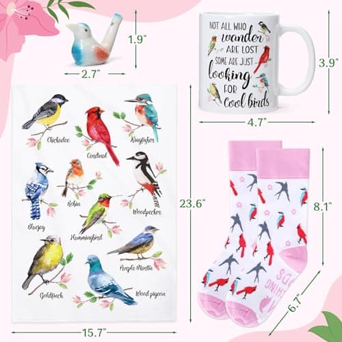 Nefelibata Bird Gifts for Women: 4-in-1 Birds Mug, Socks, Water Whistle, Kitchen Towel - Cardinal, Hummingbird, Kingfisher Birds on Branch