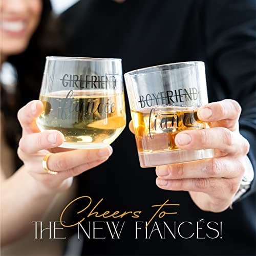Engagement Gifts for Couples - Unique Fiance Gift for Him or Her! Whiskey Wine Glasses with Diamond Wine Stopper