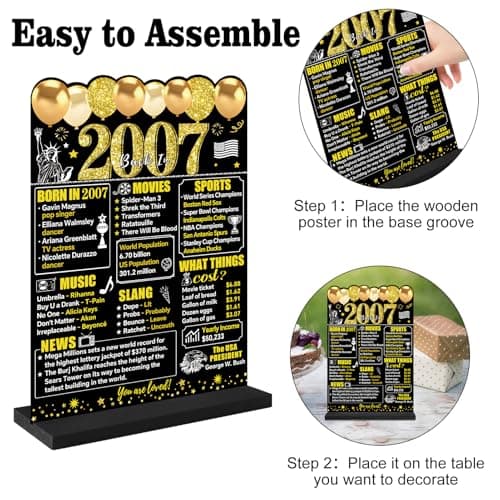 Black Gold 18th Birthday Decorations Gifts for Men Women, Two-Sided Vintage 18 Back in 2007 Theme Poster Wooden Table Sign with Stand, Eighteen Years Old Bday Centerpieces Holder for Table Decor