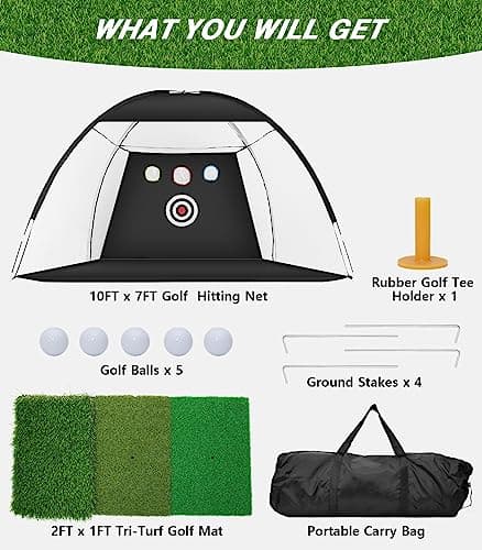 Golf Net, 10x7ft Practice Net with Tri-Turf Mat, All-in-1 Home Golf Hitting Aid for Backyard Driving Chipping Swing Training, Black