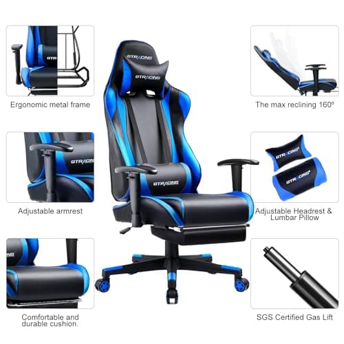 GTRACING Gaming Chair with Footrest, Ergonomic Computer Game Desk Chair, Reclining Game Chair Seat Height Adjustment, Swivel Rocker with Headrest and Lumbar (Blue)