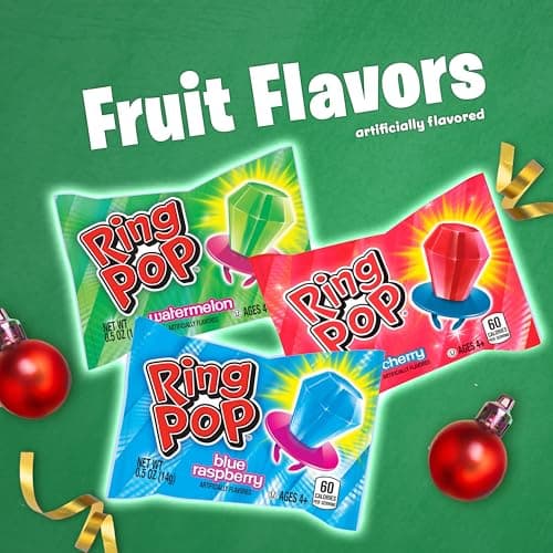 Ring Pop Candy, Christmas Lollipops, 20 Ct Party Favors in Assorted Fruity Flavors - Full Size, Bulk Variety Pack, Individually Wrapped Hard Candy For Stocking Stuffers, Holiday Gifts