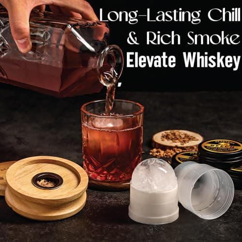 Whiskey Smoker Kit with Torch - 6 Natural Wood Chips Flavors, 2 Glasses, 2 Ice Molds - Cocktail Smoker Infuser Kit, Old Fashioned Smoker Kit, Birthday Bourbon Whiskey Gifts for Men, Dad(No Butane)