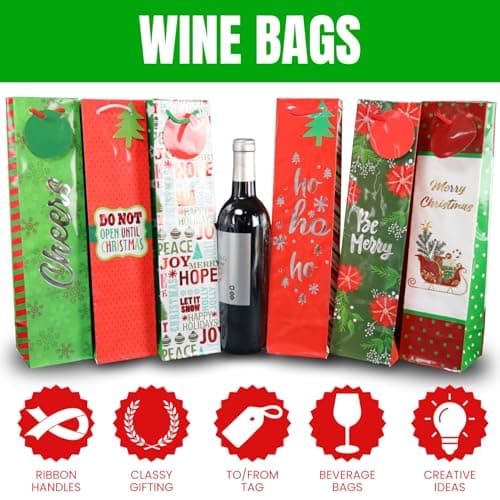 Iconikal 6-Pack Christmas Wine Bottle Gift Bags, Heavy-Duty with Ribbon Handles, Assorted Holiday Designs - Ideal for Festive Xmas Gifting, Parties & Bulk Wrapping