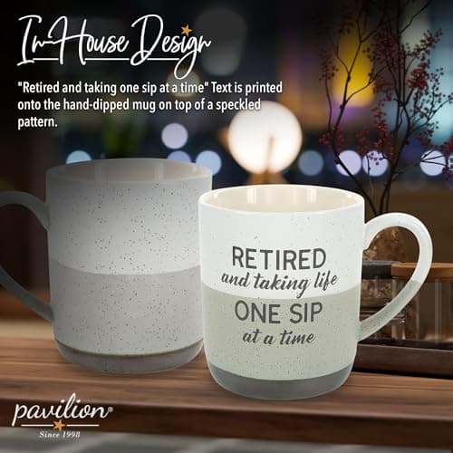 Pavilion Retirement Coffee Mug - "Retired & Taking Life One Sip at a Time" Text Design - Speckled Stoneware Coffee Cup for Retirees, Microwave & Dishwasher Safe, Beige w/ Bronze Metallic Bottom, 15 oz