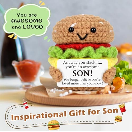 Mini Birthday Gift for Son from Dad Mom Handmade Crochet Burger for New Dad Son-in-Law Adult Sons New Father Christmas Basket Idea from Parents to Sons from Mother Father