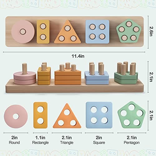 PEBIRA Montessori Toys for 1 2 Year Old, Wooden Sorting and Stacking Toys for Toddlers, Baby Shape Sorter and Color Stacker Blocks for Toddler, Preschool Learning Toy, Gift for 12-18 Month Boys Girls