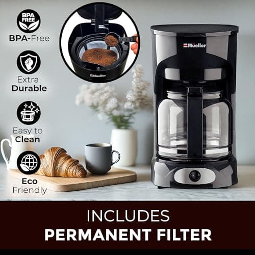 Mueller 12-Cup Drip Coffee Maker - Borosilicate Carafe, Auto-Off, Reusable Filter, Anti-Drip, Keep-Warm Function, Clear Water Level Window Coffee Machine, Kitchen Essentials & Accessories