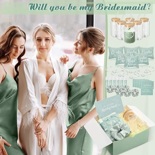 54 Pcs Bridesmaid Proposal Gifts, Maid of Honor Gift Include Wedding Gift Box Makeup Bag Invited Card Glass Cup Lip Balm Scrunchie Bracelet for Bridal Shower Bachelorette Party(Green)
