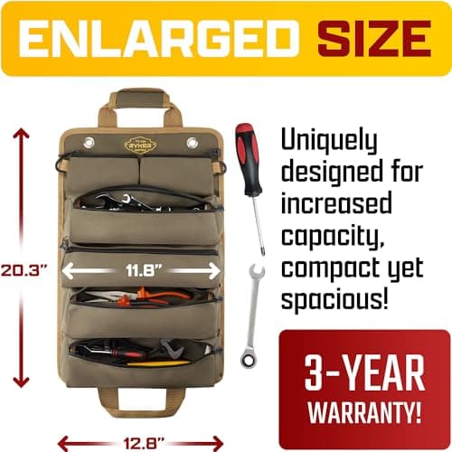 The Ryker Roll Up Tool Bag Organizer Gifts for Dad. Heavy Duty Motorcycle Tool Roll Bag Organizer. Portable Rollup Toolbag w/Detachable Pouches - Tools Bags Mens gifts for him - Mechanic & Electrician
