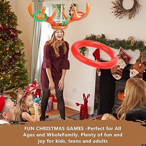2PCS Christmas Party Toss Game Inflatable Reindeer Antler Hat with Rings for Kids Adults Family Xmas Fun Games(1 Pump，8 Rings, 2 Antlers)