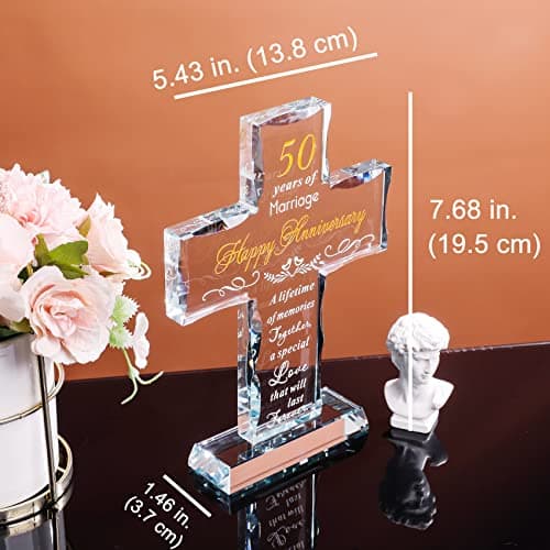 YWHL 50th Wedding Anniversary Religious Cross Gifts for Women Men, 50 Year Anniversary Romantic Gift for Him Her, Laser Engraved Glass Standing Cross Keepsake for Couple, 50 Years of Marriage Present