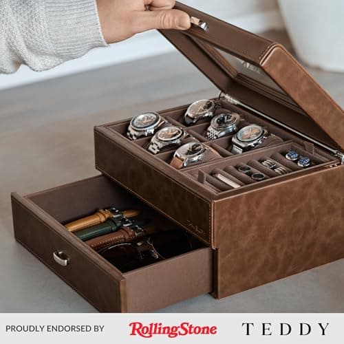 TAWBURY 6 Slot Watch Box for Men - Luxury Watch Jewelry Box for Men with Storage for Sunglasses, Cufflinks | Men's Jewelry Box with Watch Storage | Watch Display Case (Brown)