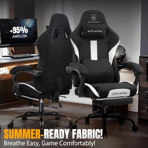 GTRACING Gaming Chair Ergonomic Office Chair with Foot Rest & Pocket Spring Cushion, Breathable Fabric Computer Chair with Headrest & Lumbar Support, High Back Game Chair for Adults, Coal-Black