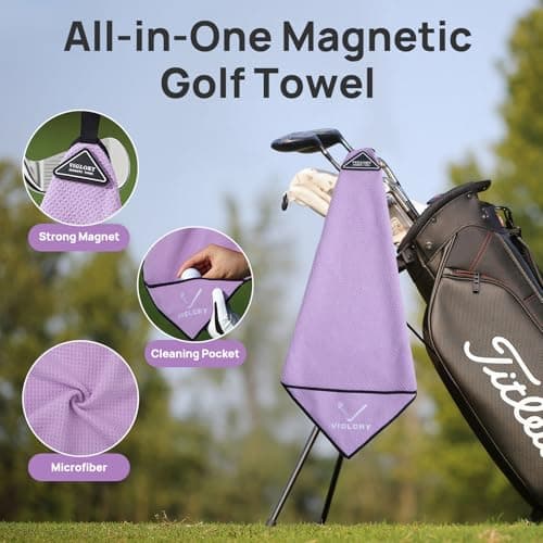 Magnetic Golf Towel for Bag 18" x 18" with Clip Exclusive Cleaning Pocket Microfiber Waffle Ultra Absorbent Club Ball Cleaner Essential Golf Accessories and Gifts for Women(Purple 1 Pack)
