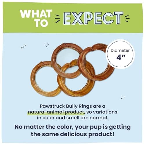 Pawstruck All-Natural 4" Bully Stick Rings for Dogs - Rawhide-Free, 100% Beef, Single Ingredient Dental Chew Bones - Fully Digestible, Low Odor - 10 Count - Packaging May Vary