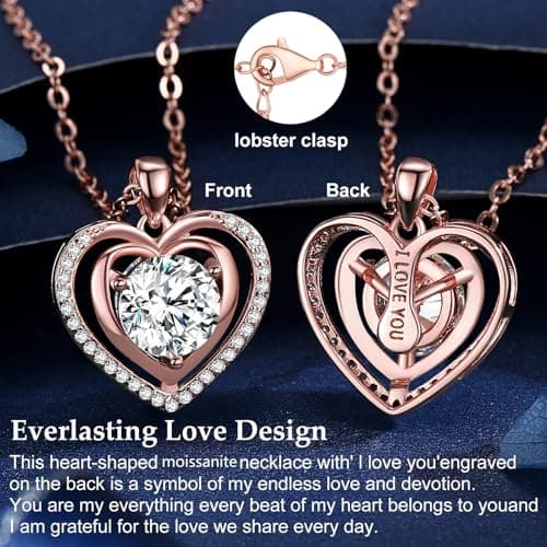 Heart Pendant Gold Necklace for Women Moissanite Lab-Created Gem I Love You Wedding Anniversary Birthday Christmas Valentine Engagements Mothers Day Jewelry for Wife Her Girlfriend Mom Daughter