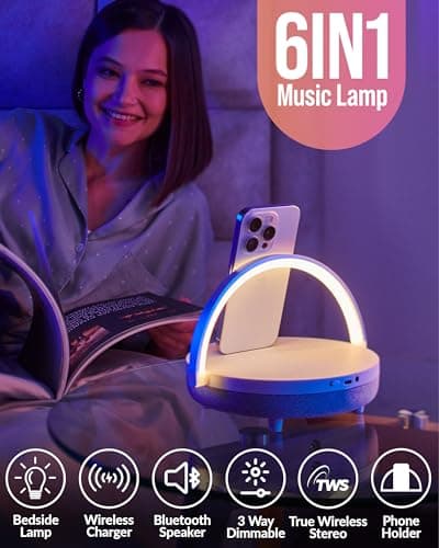 Bedside Lamp with Wireless Charger, 6 in 1 Touch Bedside Lamp, Portable Bluetooth Speaker, Birthday Gifts for Women, Gift for Her, Mom, Dad, Mens Gifts for Birthday Unique