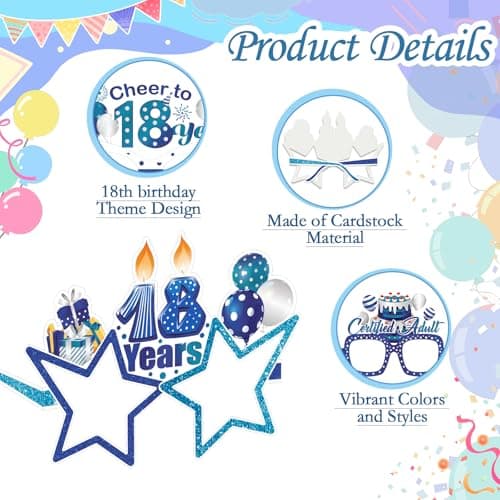 Konsait 18th Birthday Glasses - 18 Pack Blue Silver Paper Glasses 18th Birthday Gifts for Boy, Party Decorations, Accessories & Photo Props