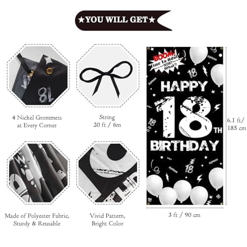 Fabric 18th Birthday Backdrop Banner Black White, Happy 18th Birthday Decoration for Men Women, 18 Year Old Birthday Party Yard Sign Photo Props Door Decor Supplies for Outdoor Indoor