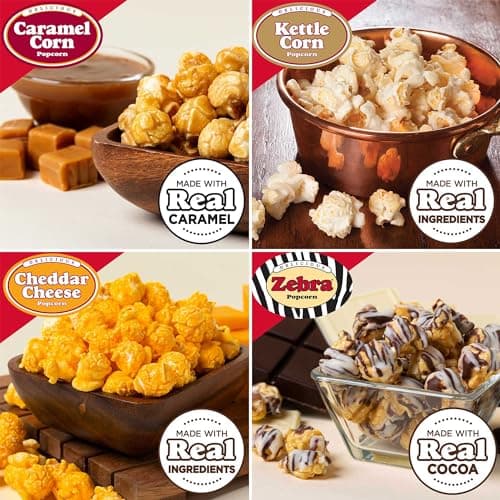 Popcornopolis Gourmet Popcorn Cone Variety Pack – Zebra, Cheddar Cheese, Caramel & Kettle Corn Popcorn, Great for Gifting & Sharing (12-Count)
