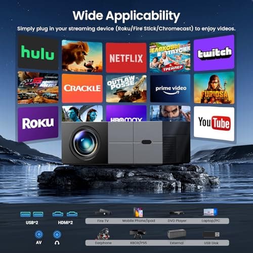 Projector with WiFi6 and Bluetooth5.3 - [High Brightness/Electric Focus]Outdoor Movie Projector and Screen,YOWHICK Portable Smart Home Projector 1080P 4K Supported for Movie Night/Home Theater/Bedroom