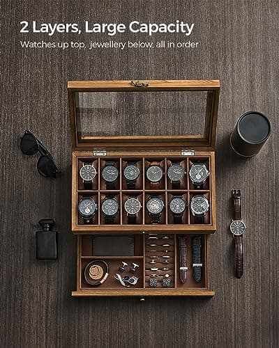 SONGMICS SONGMICS 12-Slot Watch Box, 2-Tier Watch Display Case with Large Glass Lid, Removable Watch Pillows, Velvet Lining, Jewelry Box, Gift Idea, Rustic Walnut UJOW012K01
