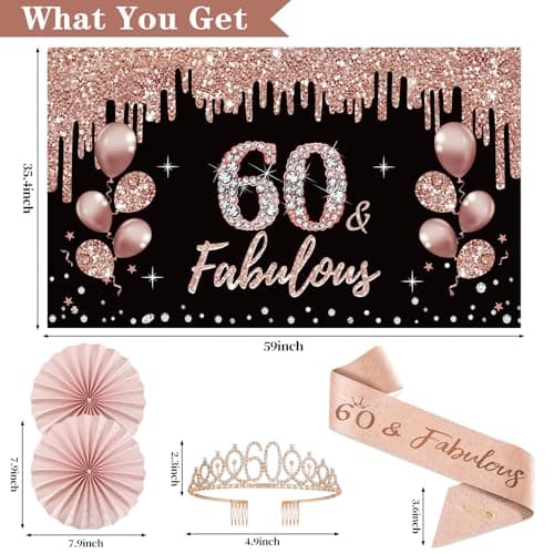 60th Birthday Decorations for Women, 33pcs Black Rose Gold Happy 60th Birthday Banner Crown and Sash Balloons Backdrop Hanging Swirls Paper Fans, 60 Years Old Party Supplies Kit