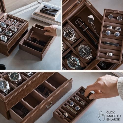 TAWBURY 6 Slot Watch Box for Men - Luxury Watch Jewelry Box for Men with Storage for Sunglasses, Cufflinks | Men's Jewelry Box with Watch Storage | Watch Display Case (Brown)