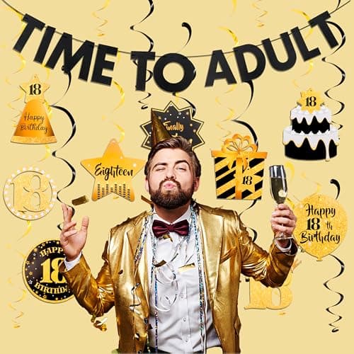 Black&Gold 18th Birthday Decorations for Boys Girls Happy 18th Birthday Decorations for Men Women Pre-Strung Time to Adult Banner and Hanging Swirls 18 Years Old Party Supplies