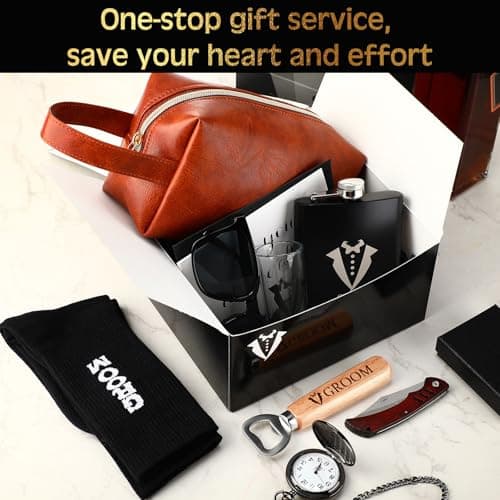 13 Pcs Groom Proposal Gift Set Stainless Steel Flask Box Bag Shot Glass Bottle Opener Pocket Watch Sunglasses Knife Sock Card Toiletry Bag for Wedding