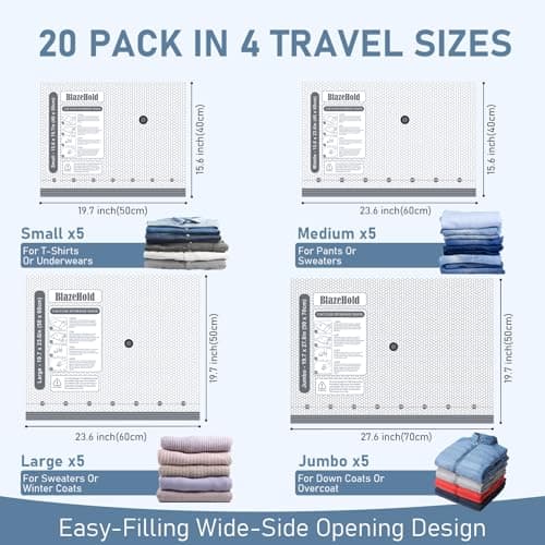 20 Pack Travel Vacuum Storage Bags with Rechargeable Electric Pump, Compression Packing Seal Bag for Luggage and Suitcase, 5 Small + 5 Medium + 5 Large + 5 Jumbo Space Saver Bags for Clothing Travel