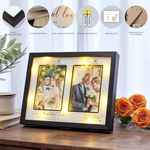 Then & Now 50th Anniversary Picture Frame for Couple, Celebrate Years of Love Anniversary Wooden Photo Frame for Parents, Husbands, Wives, Wedding Engagement Gifts, Double Frame 4x6 Photos Black