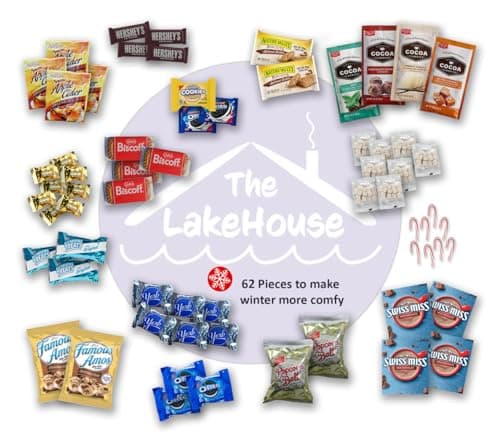Gourmet Hot Chocolate Gift Sets - 62 Piece Care Package of Hot Cocoa, Apple Cider, Candy Canes, Mini Marshmallows, Popcorn Balls, Cookies, Candy, and Snacks. - Christmas Gift Set from The LakeHouse