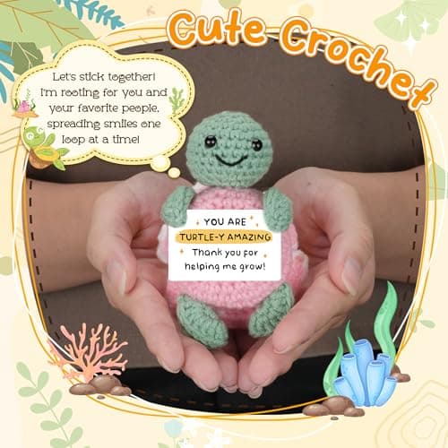 HEXMOZ Christmas Teachers Gifts for Women, Daycare, Preschool, Kindergarten - Thank You for Helping Me Grow Appreciation Gift Ideas - Cute Handmade Turtle Crochet Emotional Support with Positive Card