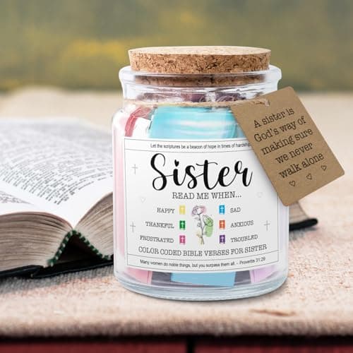 NewEleven Sister Birthday Gifts - Gift For Sister, Soul Sis, Sisters In Law - Sisters Gifts From Sister, Brother, Friend, Family - Decorative Glass Scripture Jar With 92 Bible Verse
