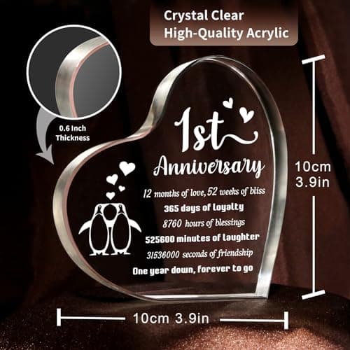 1 Year Anniversary Wedding Gifts for Boyfriend Girlfriend, One Year 1st Anniversary Romantic Gifts for Him Her, Heart Shaped Acrylic Block for Couple Husband Wife, Penguin Keepsake