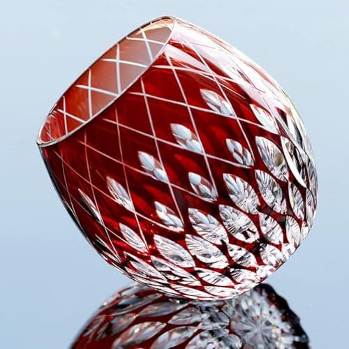 EDO Kiriko Whiskey Glasses Japanese Style 11OZ Unique Shape Colored Hand Carved Glass Tumbler for Bourbon Lovers - Style Glassware for Rum - Rocks Glass in Gift Box (Red)