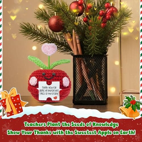 OASSIE Teacher Gifts for Women - Mini Handmade Positive Apple Crochet with Message Card - Teachers Day Christmas Birthday Graduation Appreciation Thank You School Gifts for Students Teachers Women