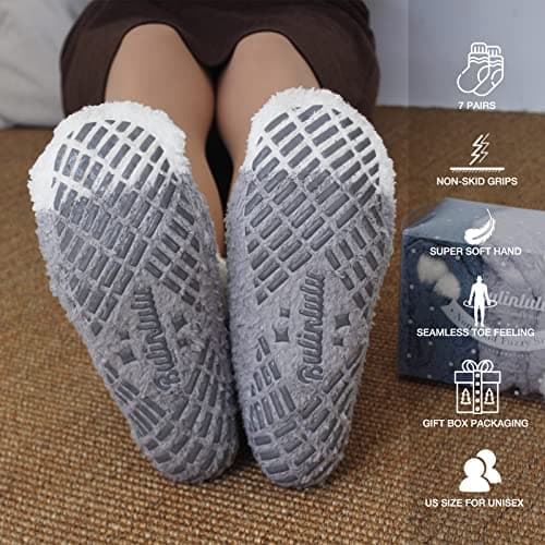 Bulinlulu Fuzzy Socks with Grips Plush Sleep Cozy Winter Soft Hospital Fluffy Socks Gifts for Womens Mens Gifts