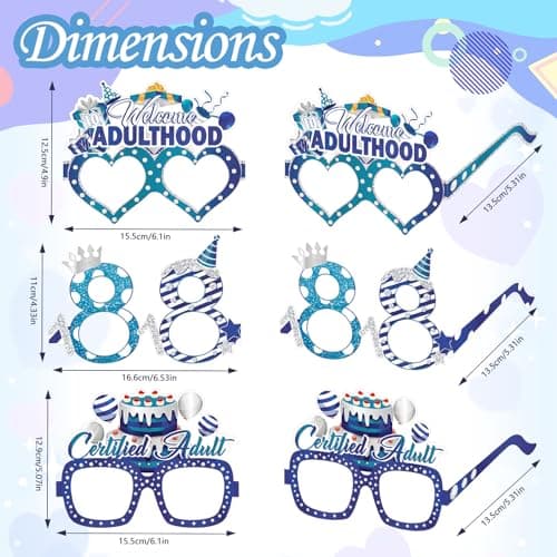 Konsait 18th Birthday Glasses - 18 Pack Blue Silver Paper Glasses 18th Birthday Gifts for Boy, Party Decorations, Accessories & Photo Props