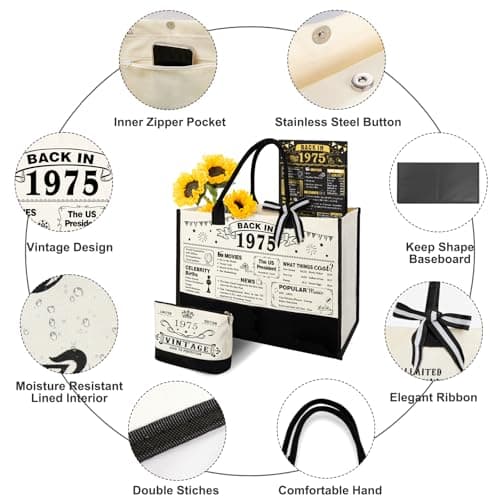 50th Birthday Gifts for Women Canvas Tote Bag Travel Gear, Unique 50 Years Old Gifts for Wife Sister Mom Aunt Friends Her, Vintage 1975 Handbag & Cosmetic Bag & Back in 1975 Poster