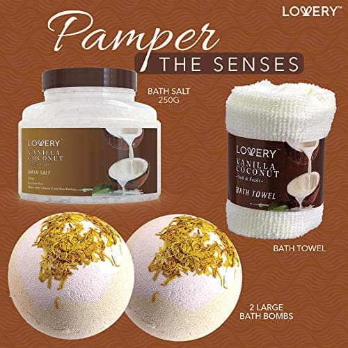 Gifts For Women Gift Basket for Women– 9 Piece Set of Vanilla Coconut Home Spa Set, Includes Fragrant Lotions, Extra Large Bath Bombs, Coconut Oil, Luxurious Bath Towel & More