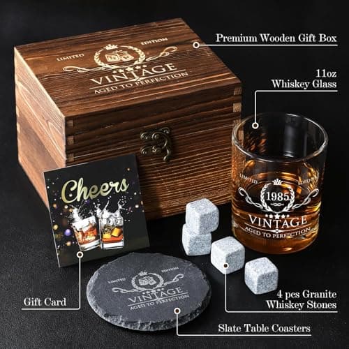 40th Birthday Gifts for Men Whiskey Glass Set - 40th Birthday Decorations, Party Supplies - 40 Year Anniversary, Bday Gifts Ideas for Him, Dad, Husband, Friends - Wood Box & Whiskey Stones & Coaster