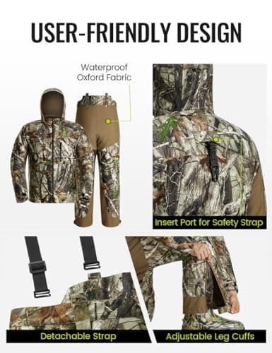 TIDEWE Hunting Clothes for Men with Face Mask, Silent Waterproof Hunting Jacket and Adjustable Bibs, Safety Strap Compatible