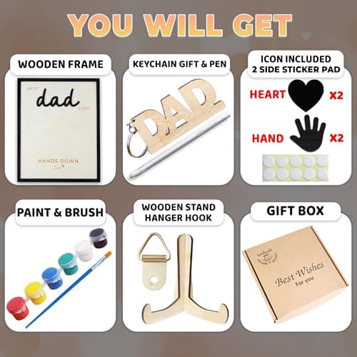 10" Hands Down Best Dad Ever DIY Handprint Kit with Acrylic Paint, Art Craft Family Keepsake Wood Frame Dad Keychain Birthday Father's Day Gift for Daddy, Papa Family Sign with Kids Names HF90-D