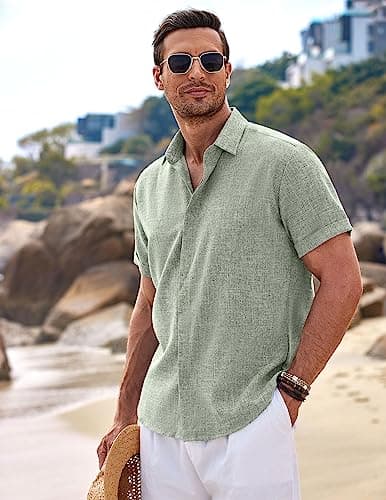 COOFANDY Men's Linen Shirts Short Sleeve Casual Shirts Button Down Shirt for Men Beach Summer Wedding Shirt