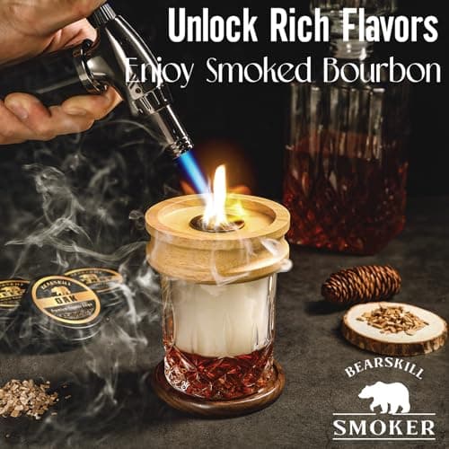 Whiskey Smoker Kit with Torch - 6 Natural Wood Chips Flavors, 2 Glasses, 2 Ice Molds - Cocktail Smoker Infuser Kit, Old Fashioned Smoker Kit, Birthday Bourbon Whiskey Gifts for Men, Dad(No Butane)